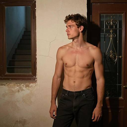 Muscular Man in Dimly Lit Setting