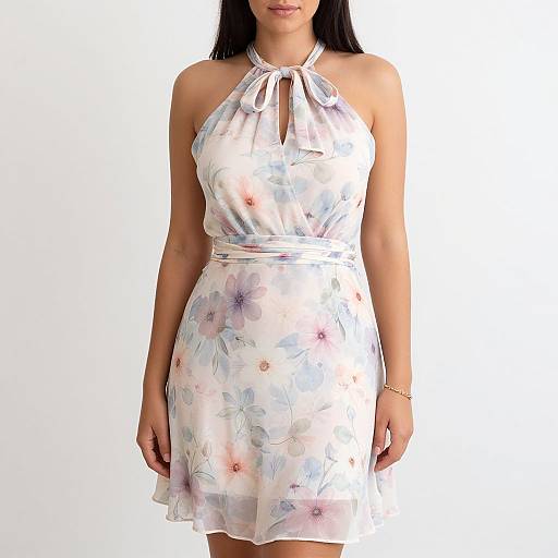 Photograph of a woman with long black hair wearing a halter-neck, white floral dress with pastel flowers, standing against a plain white background.