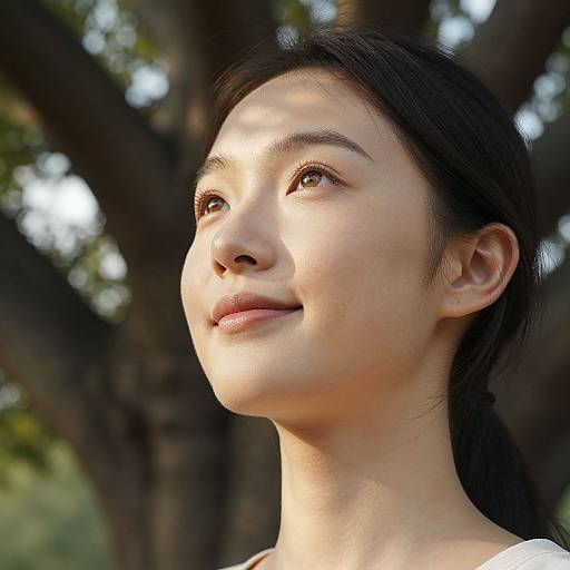 Photograph of an Asian woman with fair skin, dark hair, and brown eyes, looking upward with a soft smile, sunlight filtering through tree branches in