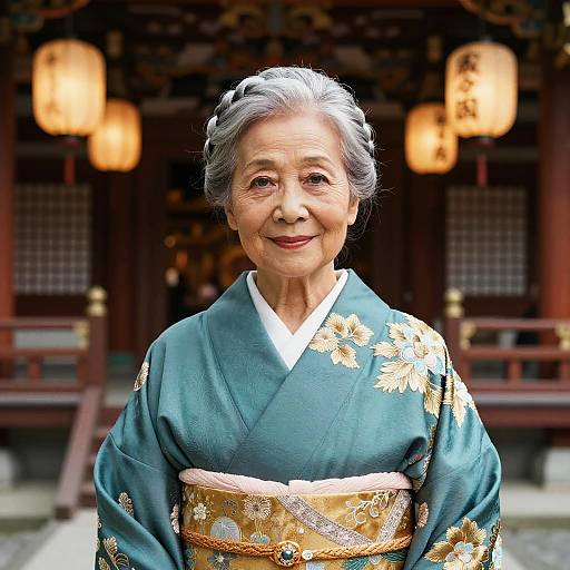 Elderly Woman in Teal Silk Kimono