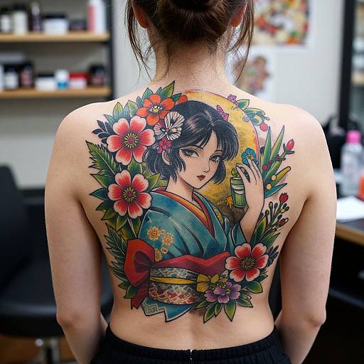 Tattooed woman with back-facing portrait of traditional Japanese woman in kimono, surrounded by flowers, holding bottle; vibrant colors, realistic style.