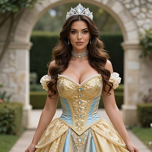 Photograph of a beautiful woman with long brown hair, wearing a golden and blue princess gown, tiara, and necklace, standing in front of a
