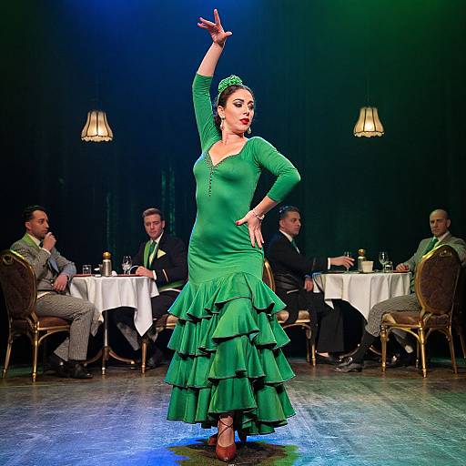 Photograph of a flamenco dancer in a green, ruffled dress, performing on stage with arm raised, surrounded by seated audience.