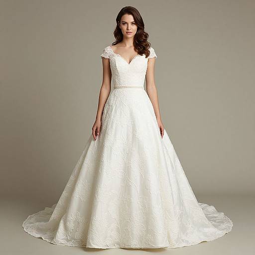 Photograph of a brunette woman in a white, lace-embellished, V-neck, short-sleeve wedding gown, standing against a plain