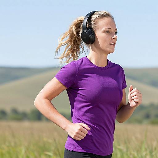 Woman Jogging Outdoors in Purple Tee