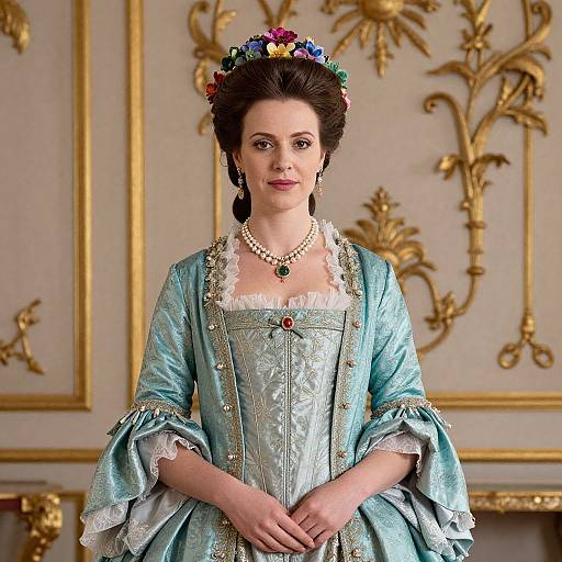 Photograph of a woman in an elaborate, light blue Renaissance-style dress with lace trim, pearl necklace, and colorful floral headpiece, standing in an