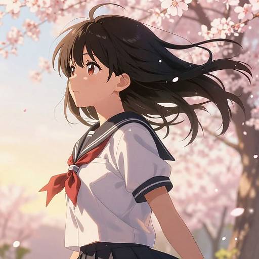 Anime Girl in Windy Cherry Blossoms