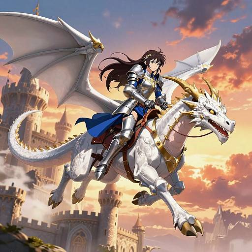Anime Knight Girl Riding White Dragon