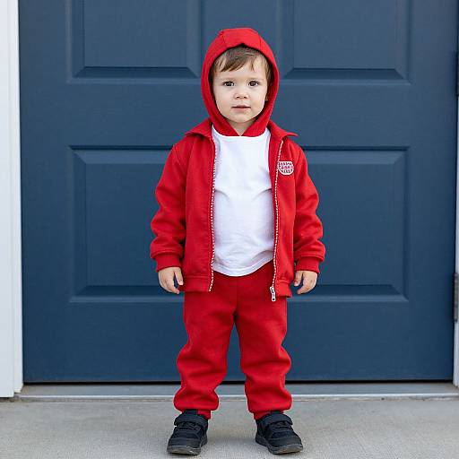 Photograph of a young boy with light skin, brown hair, wearing a red hoodie, white shirt, red pants, and black shoes, standing in