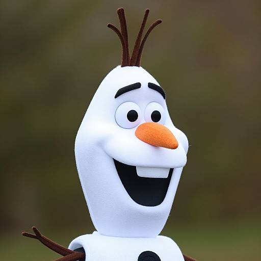 Photograph of a CGI animated snowman with a white face, black eyes, orange nose, smiling mouth, brown twig antlers, and dark eyebrows