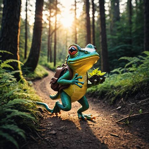Whimsical Frog with Backpack on Forest Trail Whimsical Frog with Backpack on Forest Trail