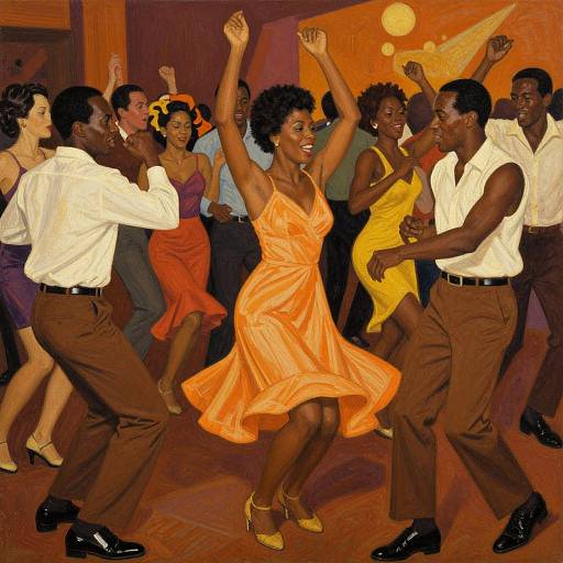 Vibrant painting of a lively dance party with diverse couples dancing energetically. Central Black woman in orange dress, surrounded by men in white shirts