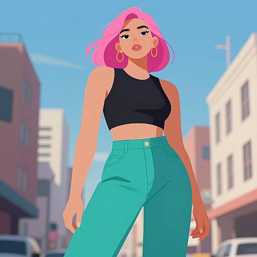 Stylized Woman with Pink Hair in Urban Setting