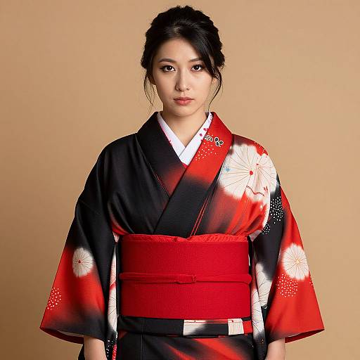 Photograph of an East Asian woman in a black and red floral kimono with white floral patterns, red obi, and a beige background.