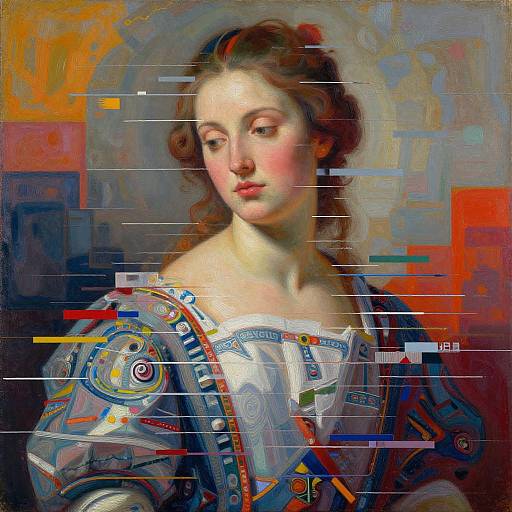 Digital painting of a young, fair-skinned woman with curly brown hair, wearing an ornate, colorful, Renaissance-style dress, against a vibrant,