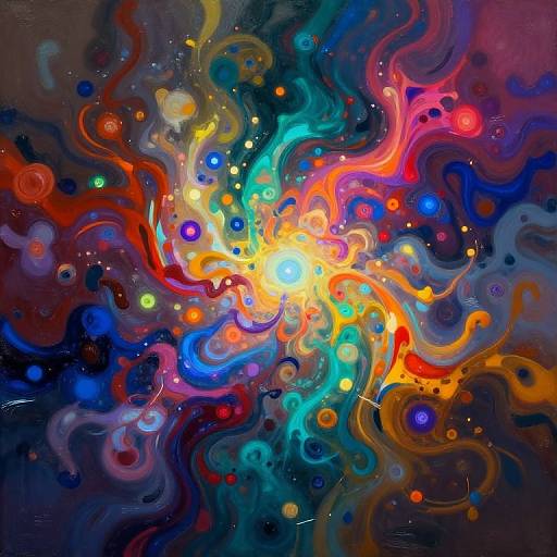 Vibrant abstract digital painting of swirling, colorful galaxy-like patterns with neon reds, blues, yellows, and oranges, creating a cosmic,