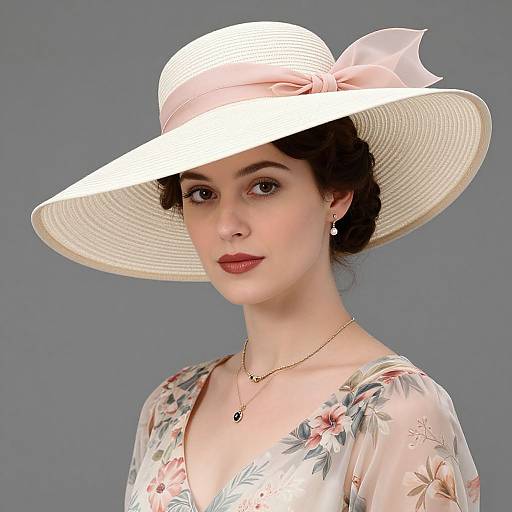 Photograph of a fair-skinned woman with dark brown hair, wearing a white wide-brimmed hat with a pink ribbon, floral dress, and