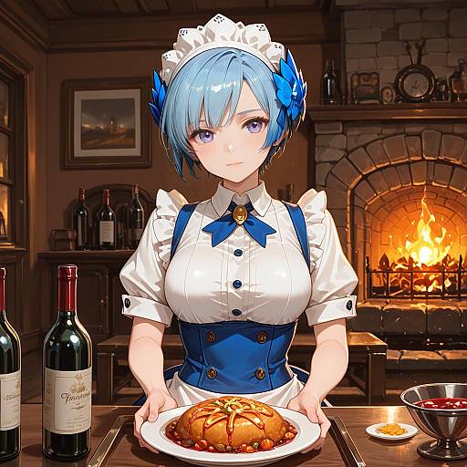Anime Maid Serving Food by Fireplace