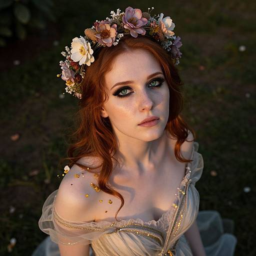 Photograph of a fair-skinned, red-haired woman with blue eyes, wearing a floral crown, off-shoulder, sheer, gold-emb