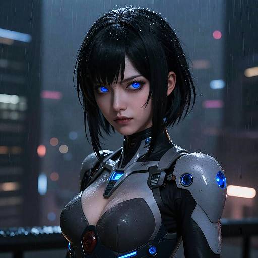 CGI cyberpunk portrait of a black-haired woman with glowing blue eyes, wearing a wet, form-fitting sci-fi armor with blue accents, in