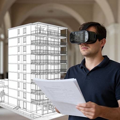 Photograph of a man in a black polo shirt wearing a VR headset, holding a paper, with a white, digitally drawn building overlay. Background features