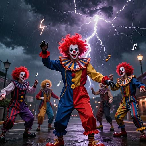 Photograph of four clown performers with bright red hair, colorful costumes, and white face paint, dancing in a stormy, lightning-filled street.