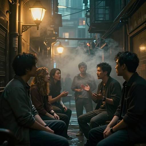 Photograph of five Asian individuals, seated on a misty, narrow alley at night, engaging in animated conversation under warm streetlights.