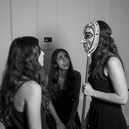 Black and White Photo of Woman in Mask Confronting Two Frightened Women