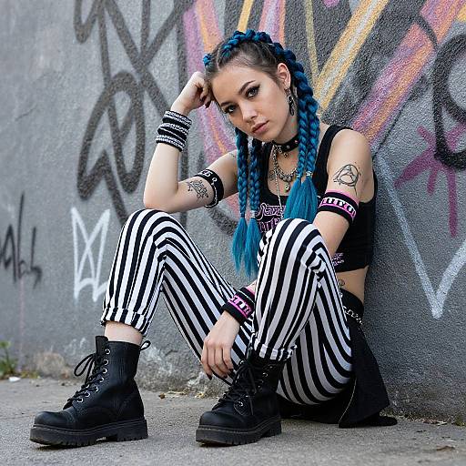Photograph of a punk-styled woman with blue braids, black crop top, striped leggings, black boots, sitting against graffiti-covered wall.