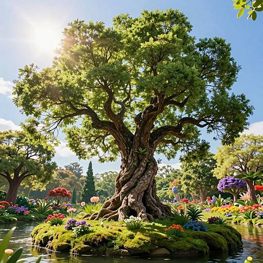Digital art of a sunlit, vibrant garden with a large, twisted tree at the center, surrounded by colorful flowers and a reflecting pond.