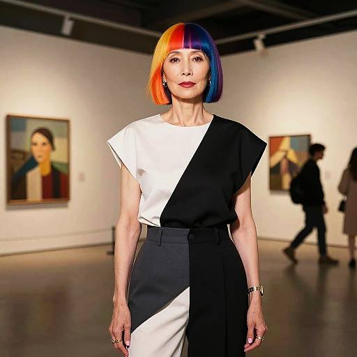 Photograph of an Asian woman with a vibrant orange-blue bob, wearing a black-and-white asymmetrical dress, standing in an art gallery with blurred paintings