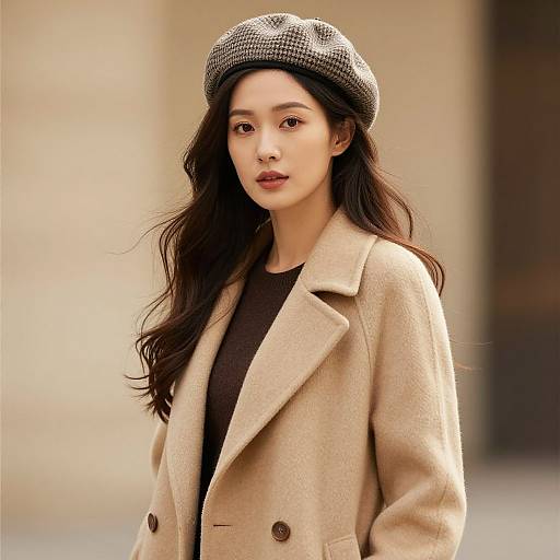 Photograph of an East Asian woman with long, wavy black hair wearing a beige wool coat and gray beret, standing against a blurred urban background