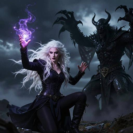 Digital fantasy artwork: White-haired witch with glowing purple fire, black corset, and boots, confronts dark, horned demon in stormy night