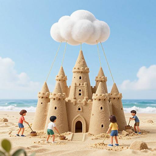Photograph of four children building a sandcastle with towers, a cloud atop, on a sunny beach with blue ocean.