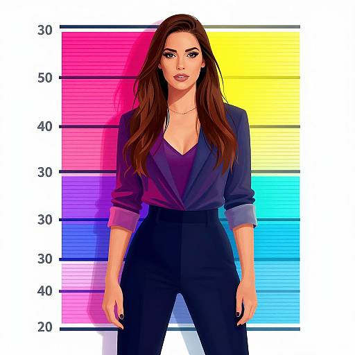 Digital artwork of a confident woman with long brown hair, wearing a navy blazer and black pants, standing against a colorful height chart background.