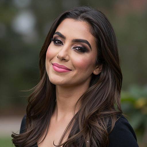 Smiling Woman with Dark Wavy Hair and Smoky Makeup