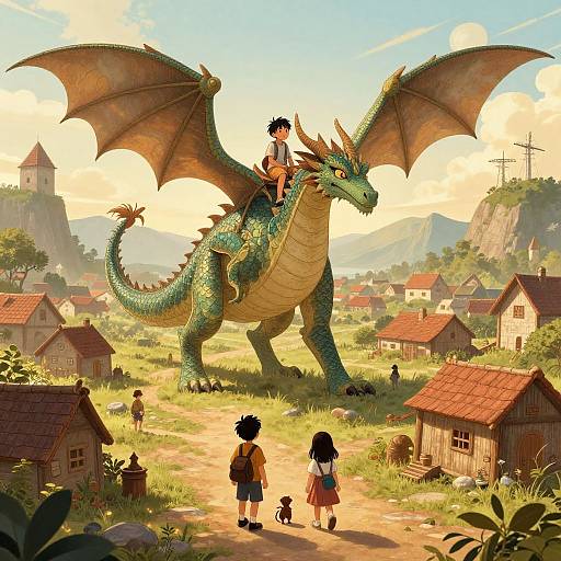 Children Riding Majestic Dragons in Village