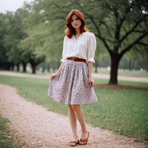 Young Woman in 1980s Style Floral Skirt and Blouse