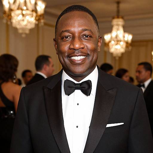 Photograph of a smiling Black man in a black tuxedo with a bow tie, white shirt, and white pocket square, standing in an elegant