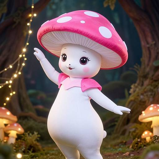 Photorealistic CGI of a cute white bunny with a red polka-dot mushroom hat and pink collar, waving in a magical forest with glowing mushrooms and