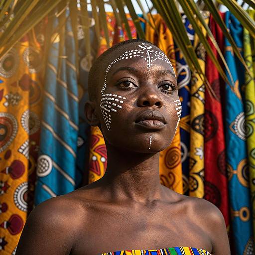 Photograph of a young African boy with dark skin and white body paint on face and forehead, standing against colorful, patterned fabric backdrop. Palm leaves
