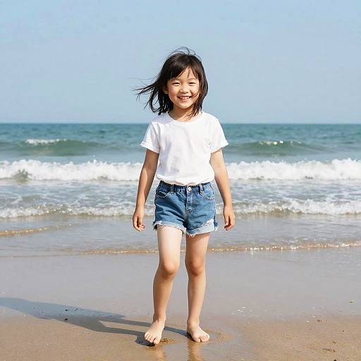 Photograph of a smiling Asian girl with shoulder-length black hair, wearing a white t-shirt and denim shorts, barefoot on a sunny beach with gentle