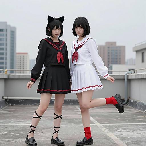 Dramatic Cosplay Duo on Rooftop