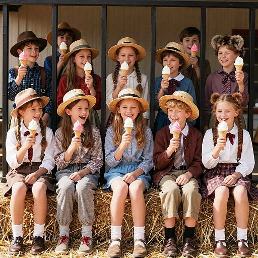 Group of Children in Vintage Clothing Eating Ice Cream