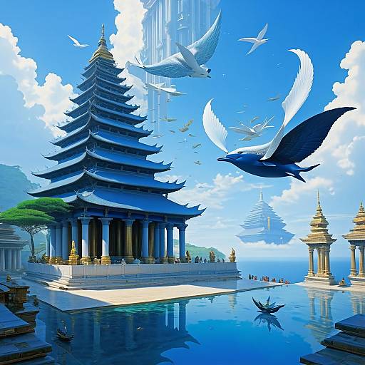 Whale with Wings Above Ancient Temple