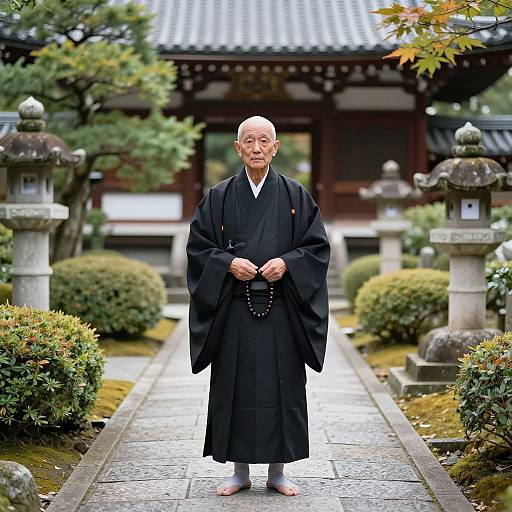 Photograph of an elderly Japanese Buddhist monk in black robes, holding a bead necklace, standing in a traditional garden with stone lanterns and a wooden temple
