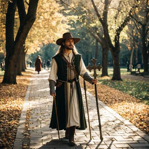 Mystical Medieval Figure in Sunlit Park