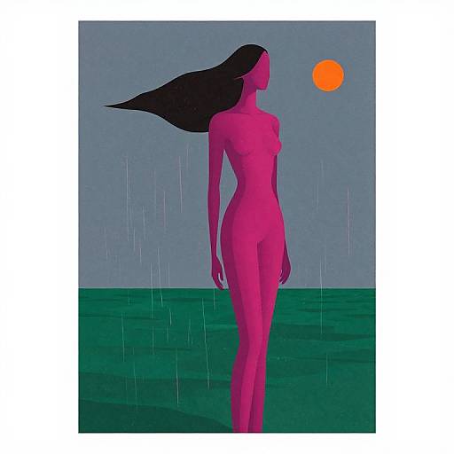 Digital artwork: Nude, pink-skinned woman with long black hair stands in rain, facing orange sun, against dark green ocean and gray sky.