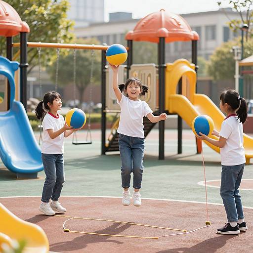 Photograph of three Asian girls in white shirts and blue jeans playing with yellow and blue balls in a colorful playground.
