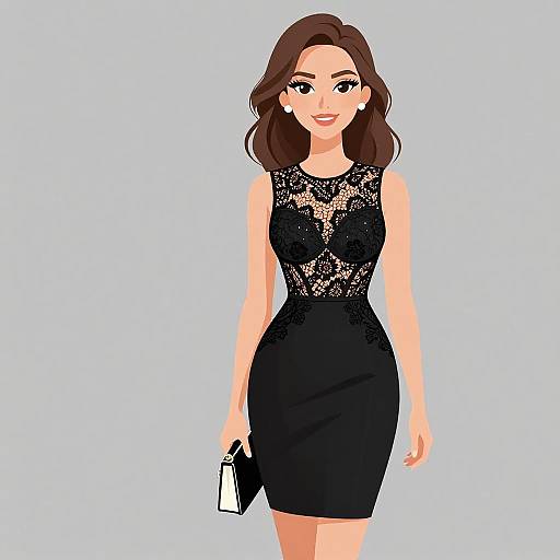 Digital illustration of a smiling woman with long brown hair, wearing a sleeveless black lace dress and holding a black clutch, against a light blue background.